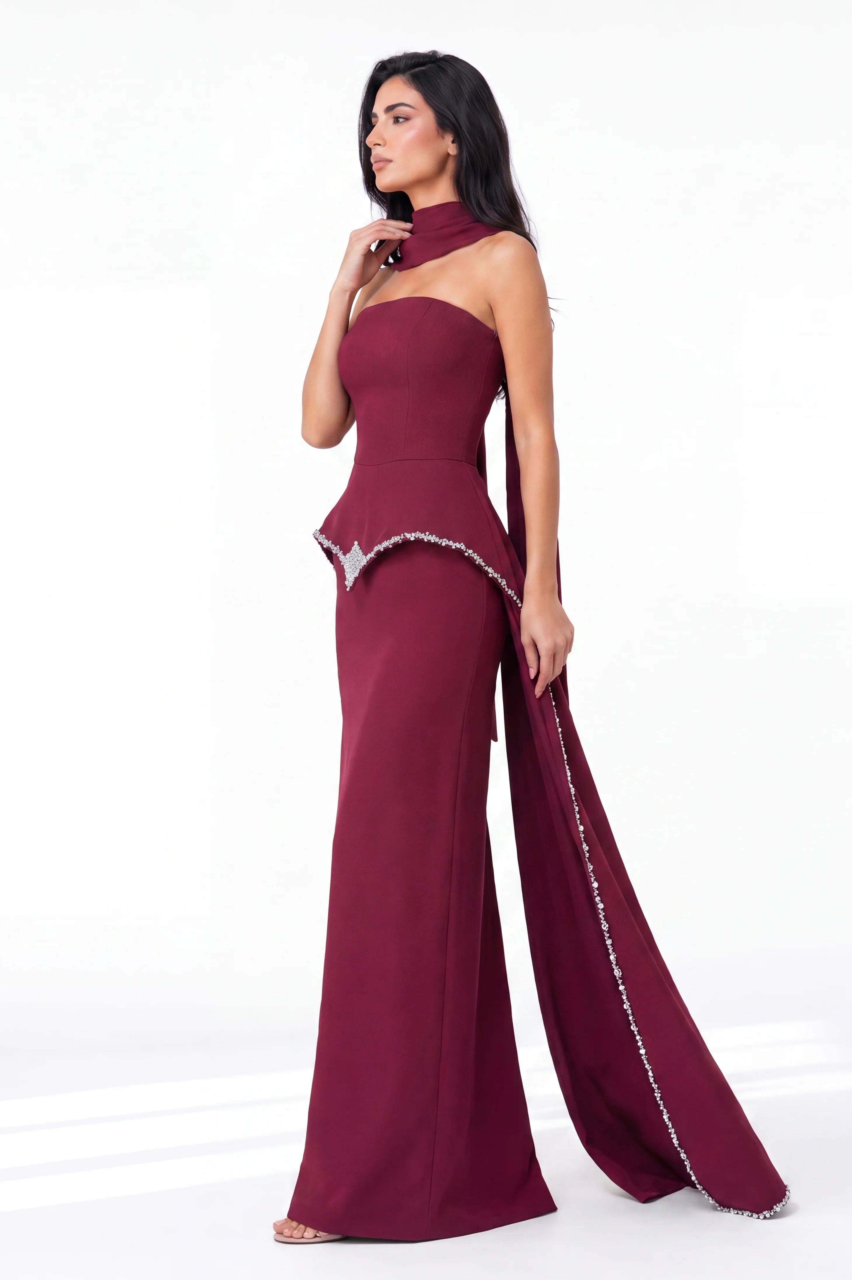 Strapless Embellished Crystal Tail Crepe Dress