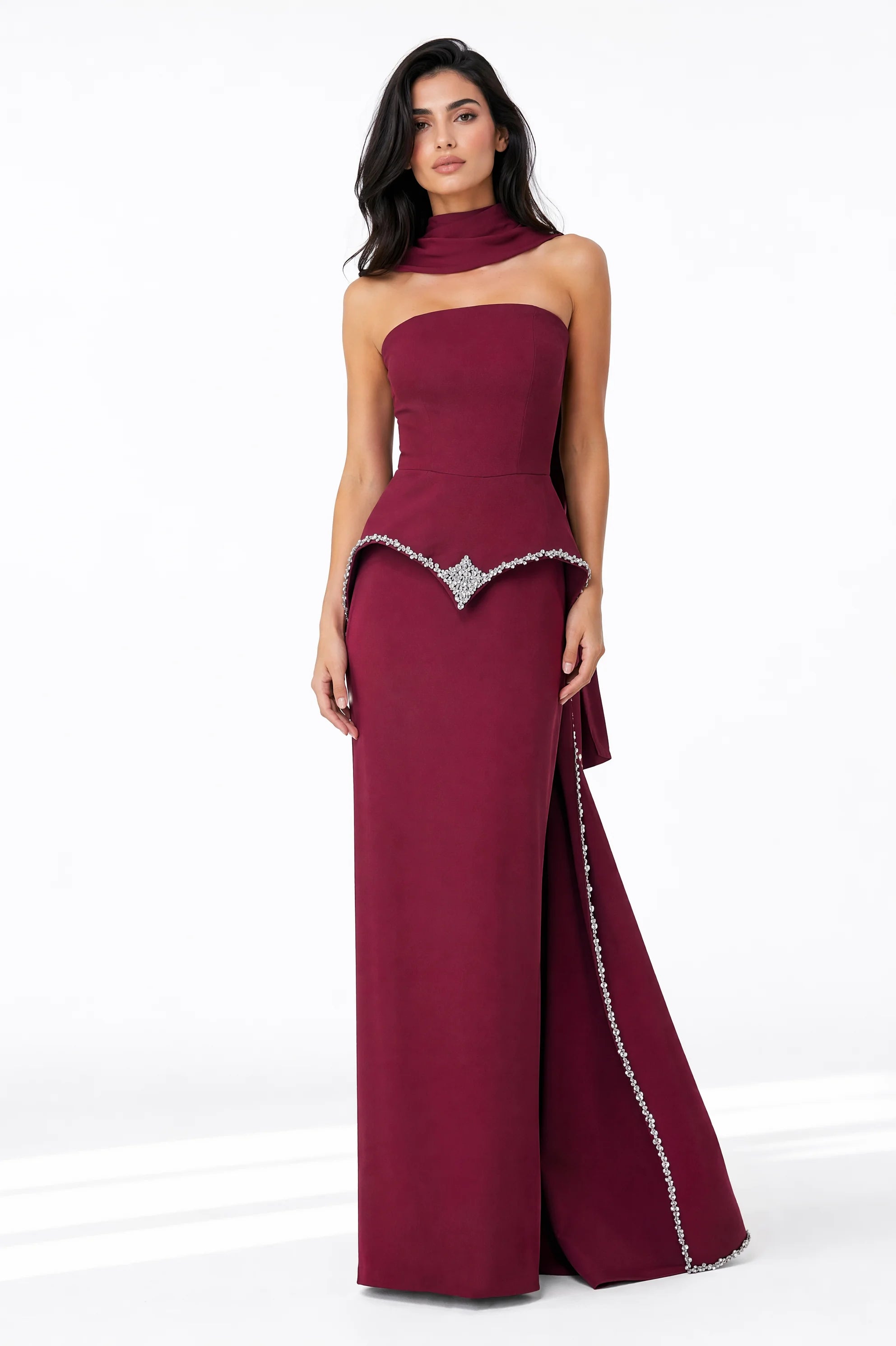 Strapless Embellished Crystal Tail Crepe Dress