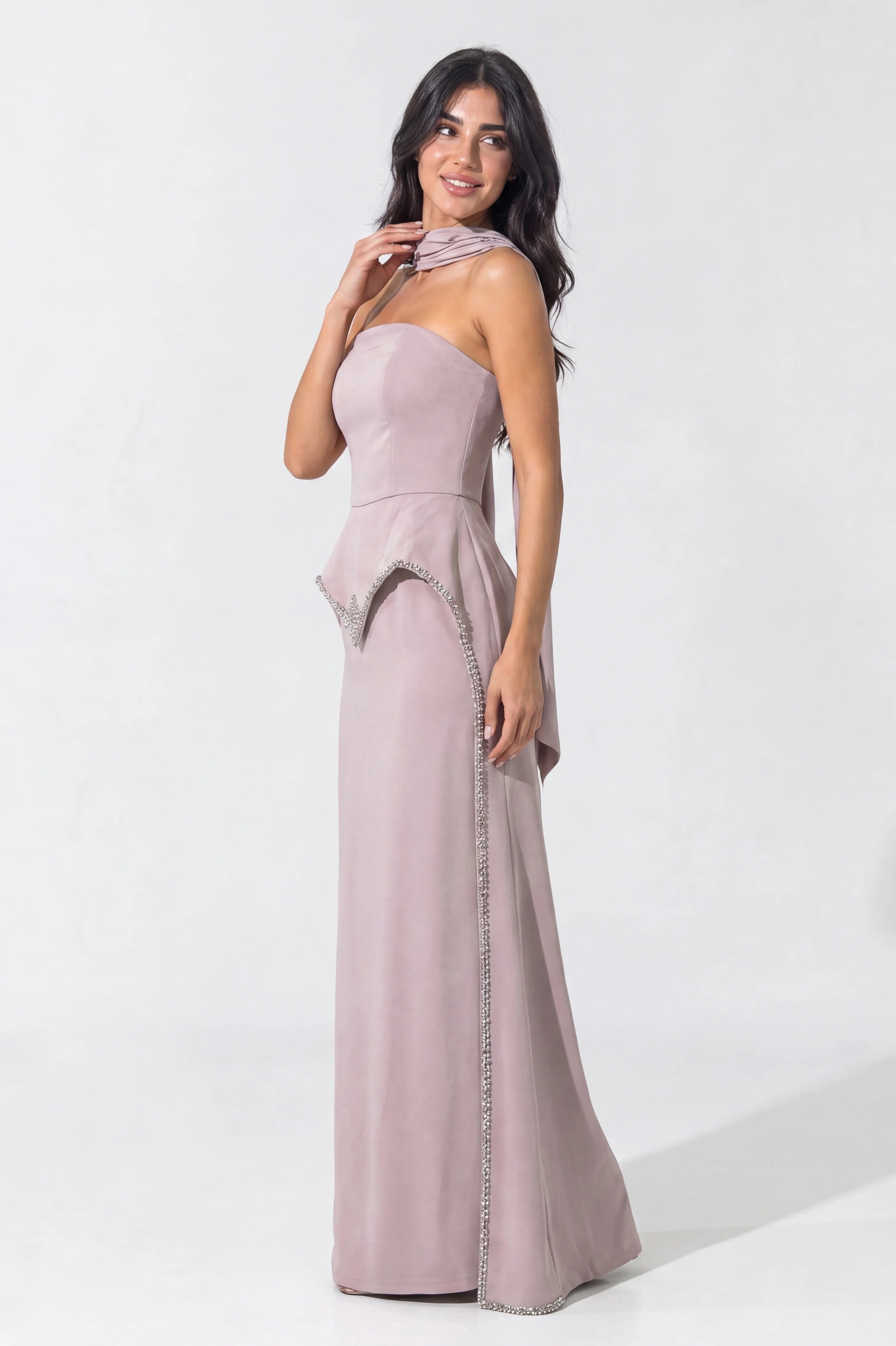 Strapless Embellished Crystal Tail Crepe Dress