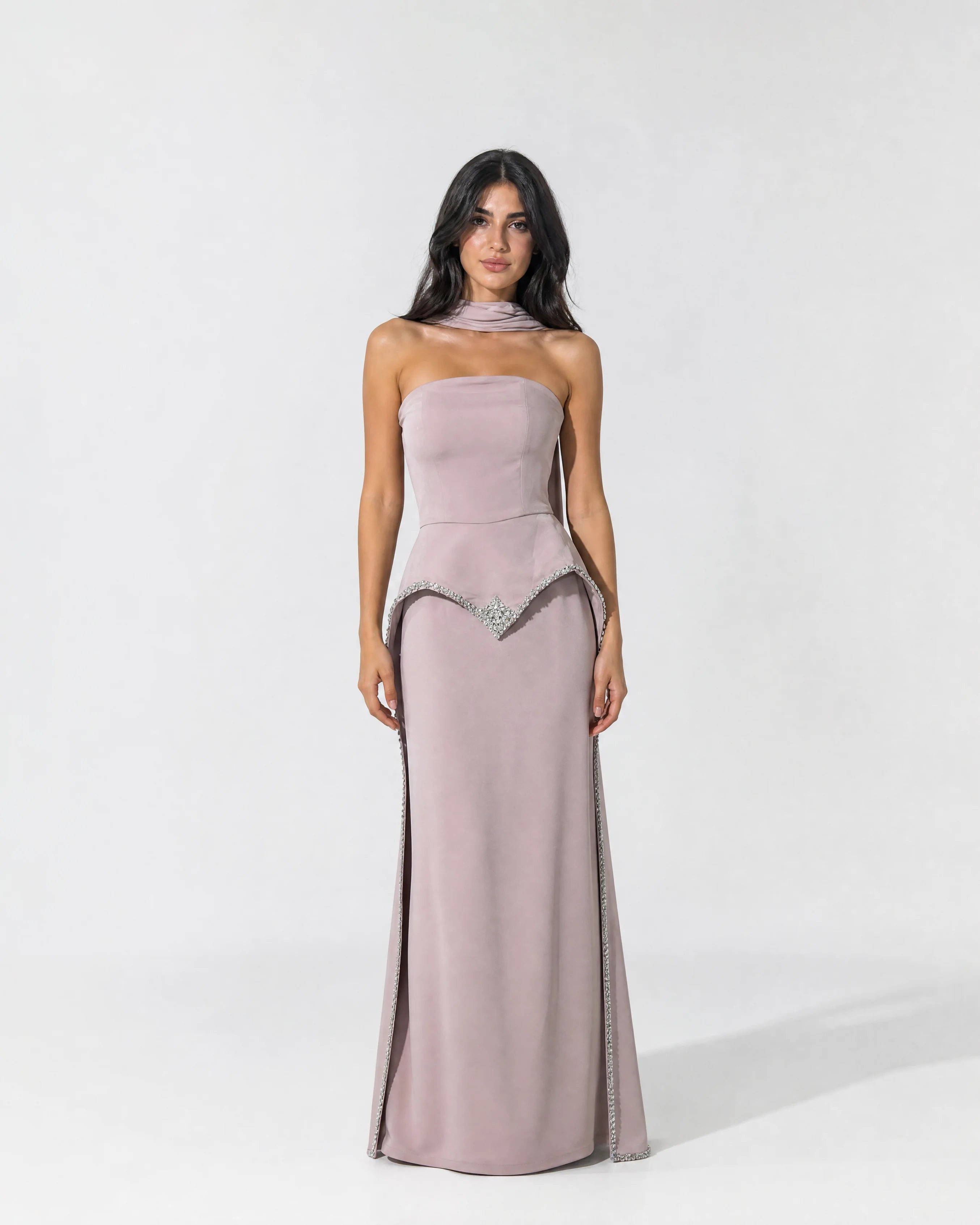 Strapless Embellished Crystal Tail Crepe Dress