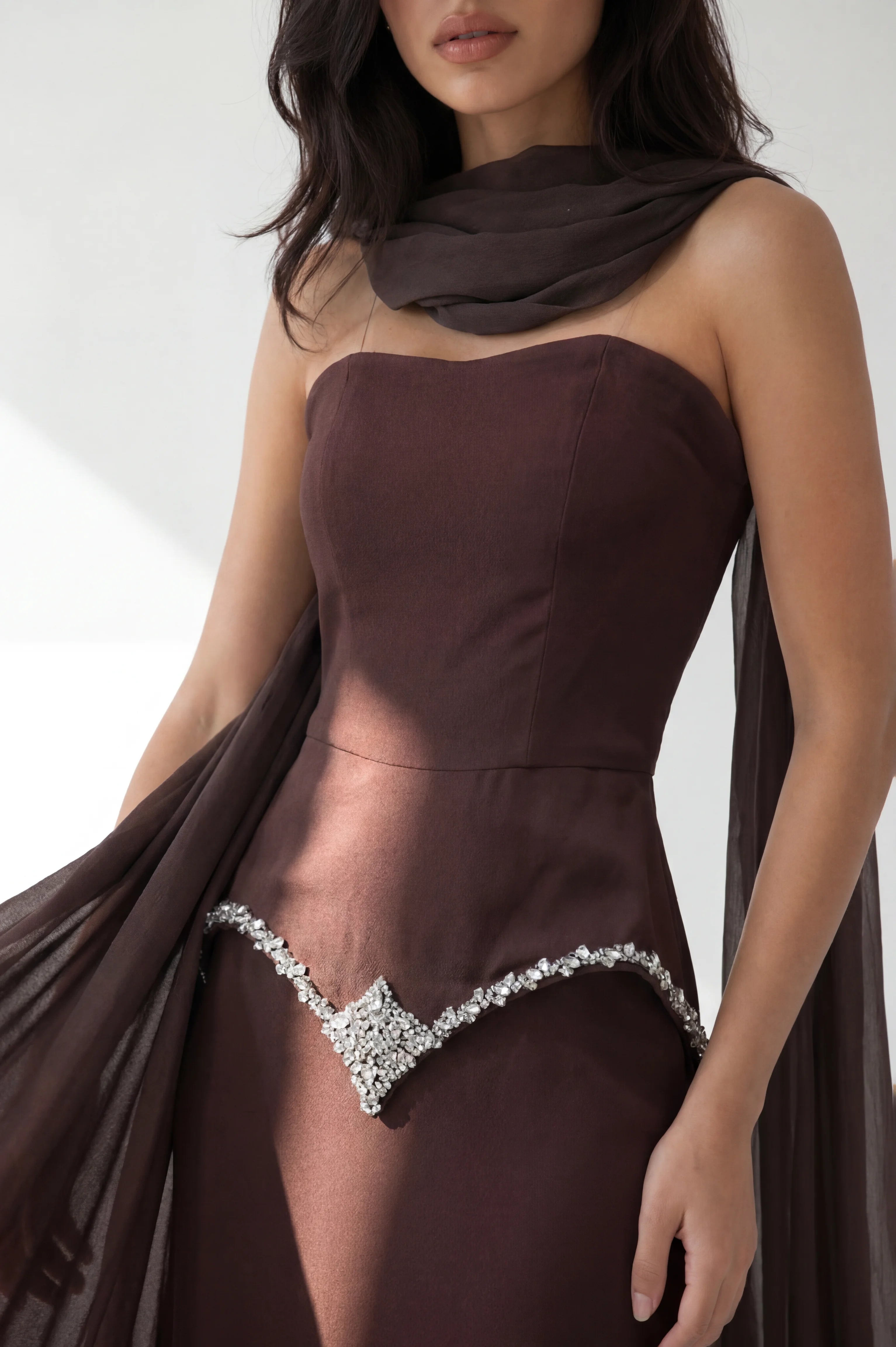 Strapless Embellished Crystal Tail Crepe Dress