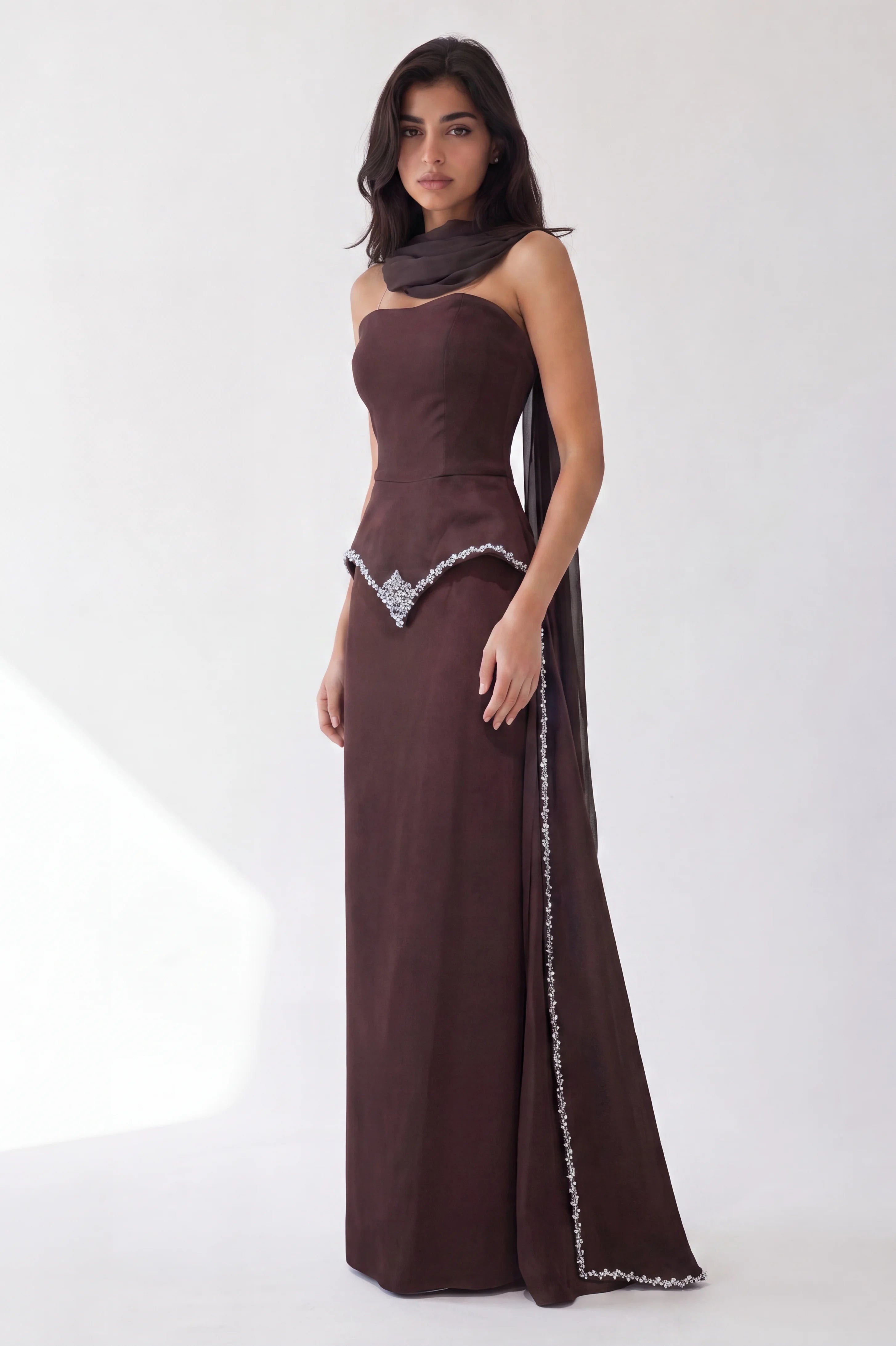 Strapless Embellished Crystal Tail Crepe Dress