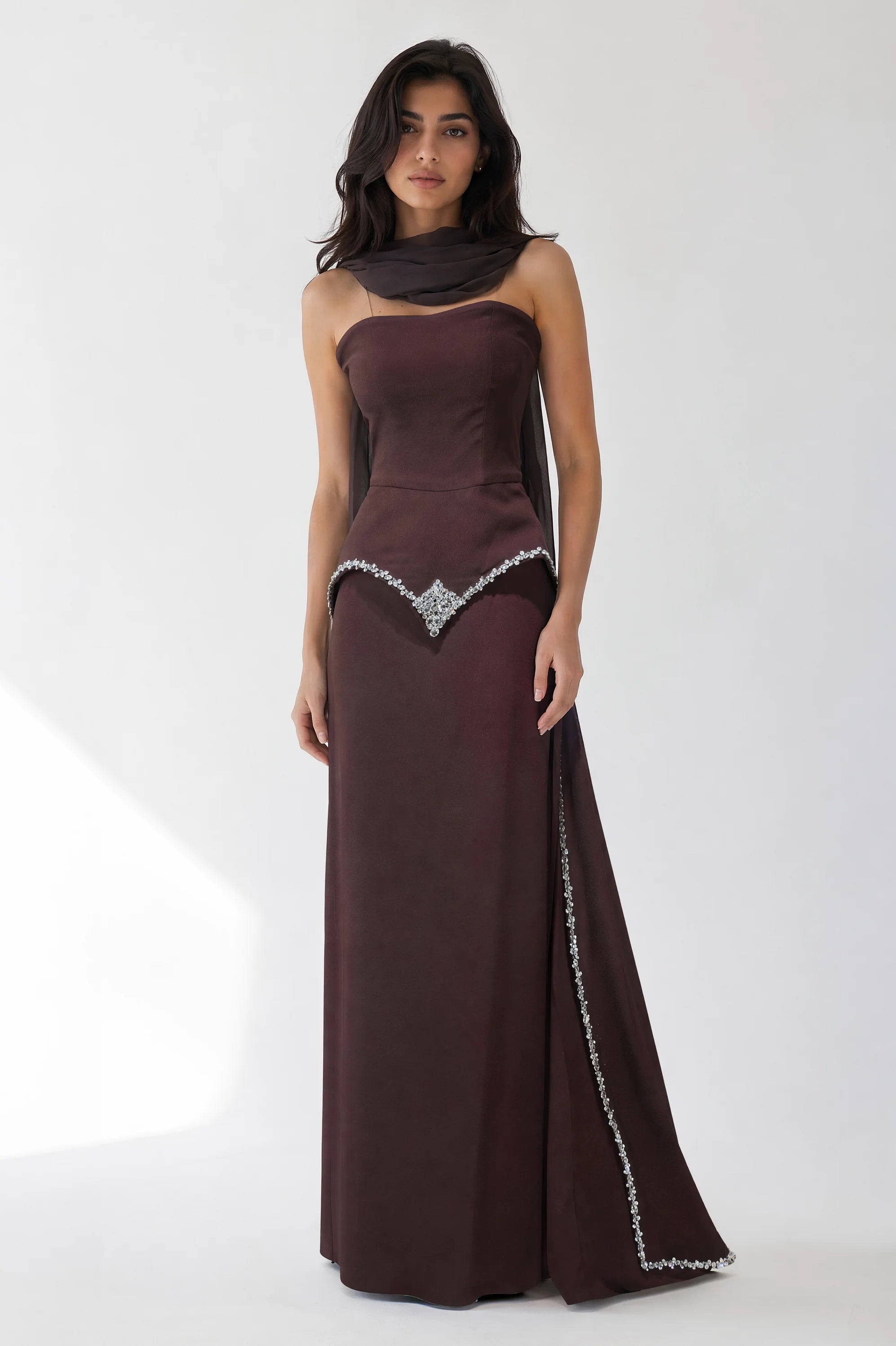 Strapless Embellished Crystal Tail Crepe Dress