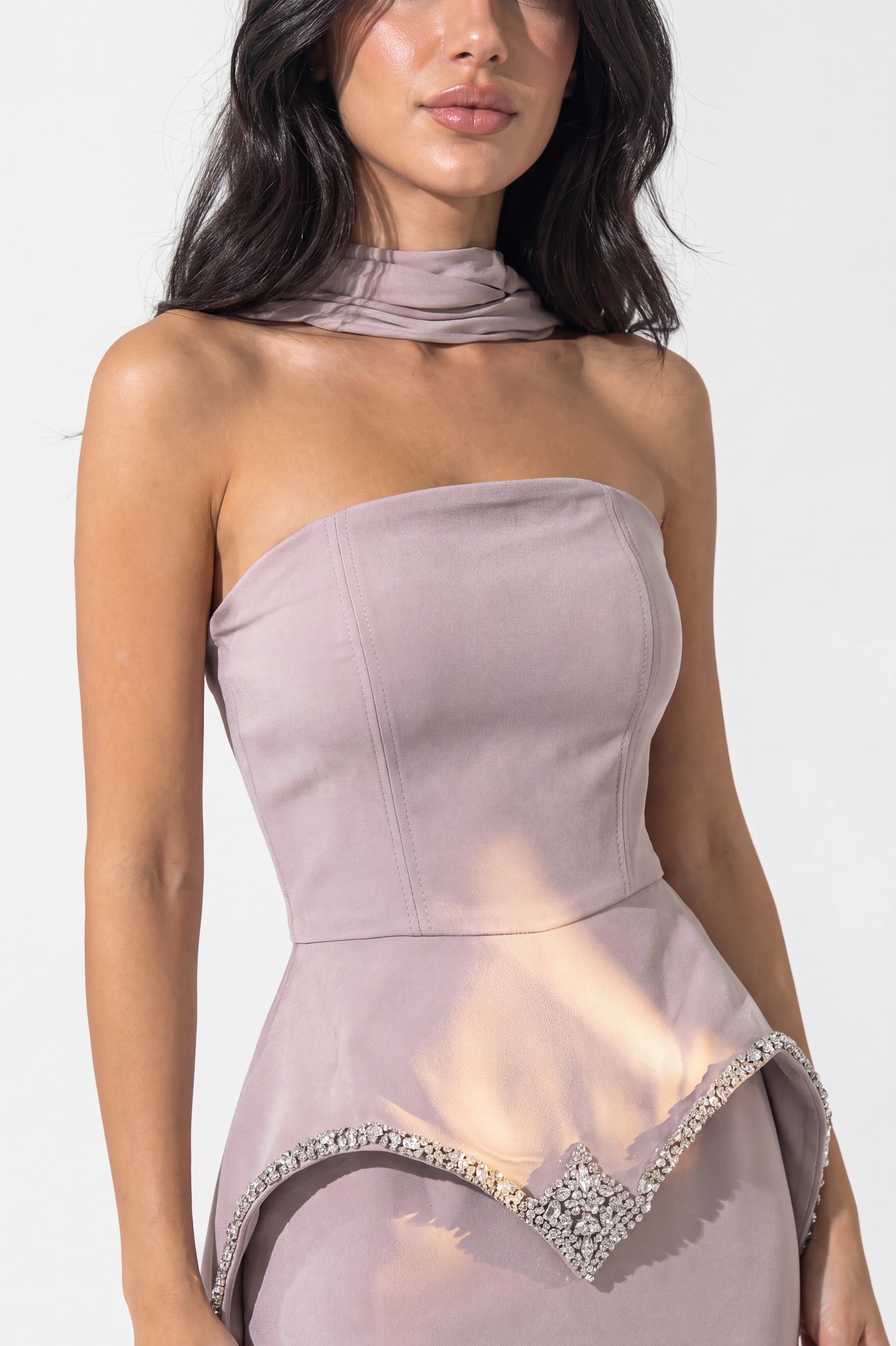 Strapless Embellished Crystal Tail Crepe Dress
