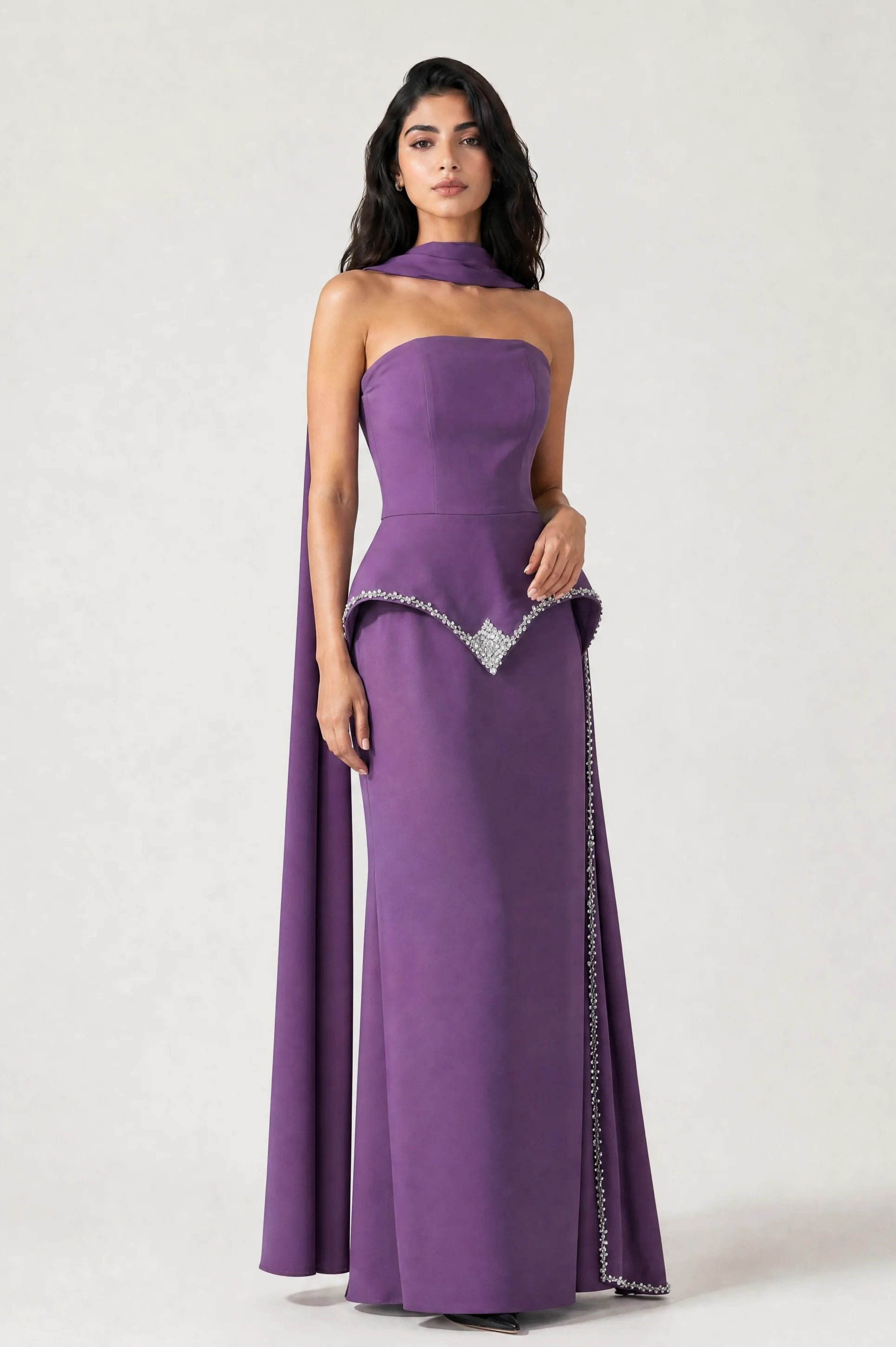 Strapless Embellished Crystal Tail Crepe Dress