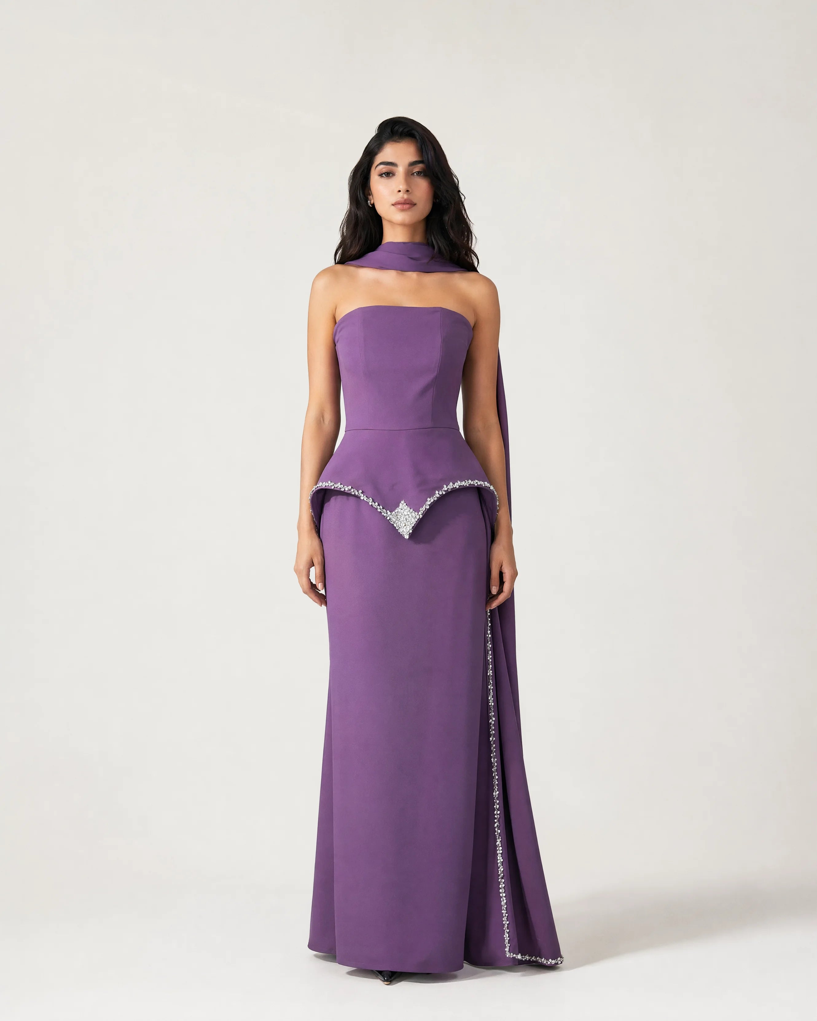 Strapless Embellished Crystal Tail Crepe Dress