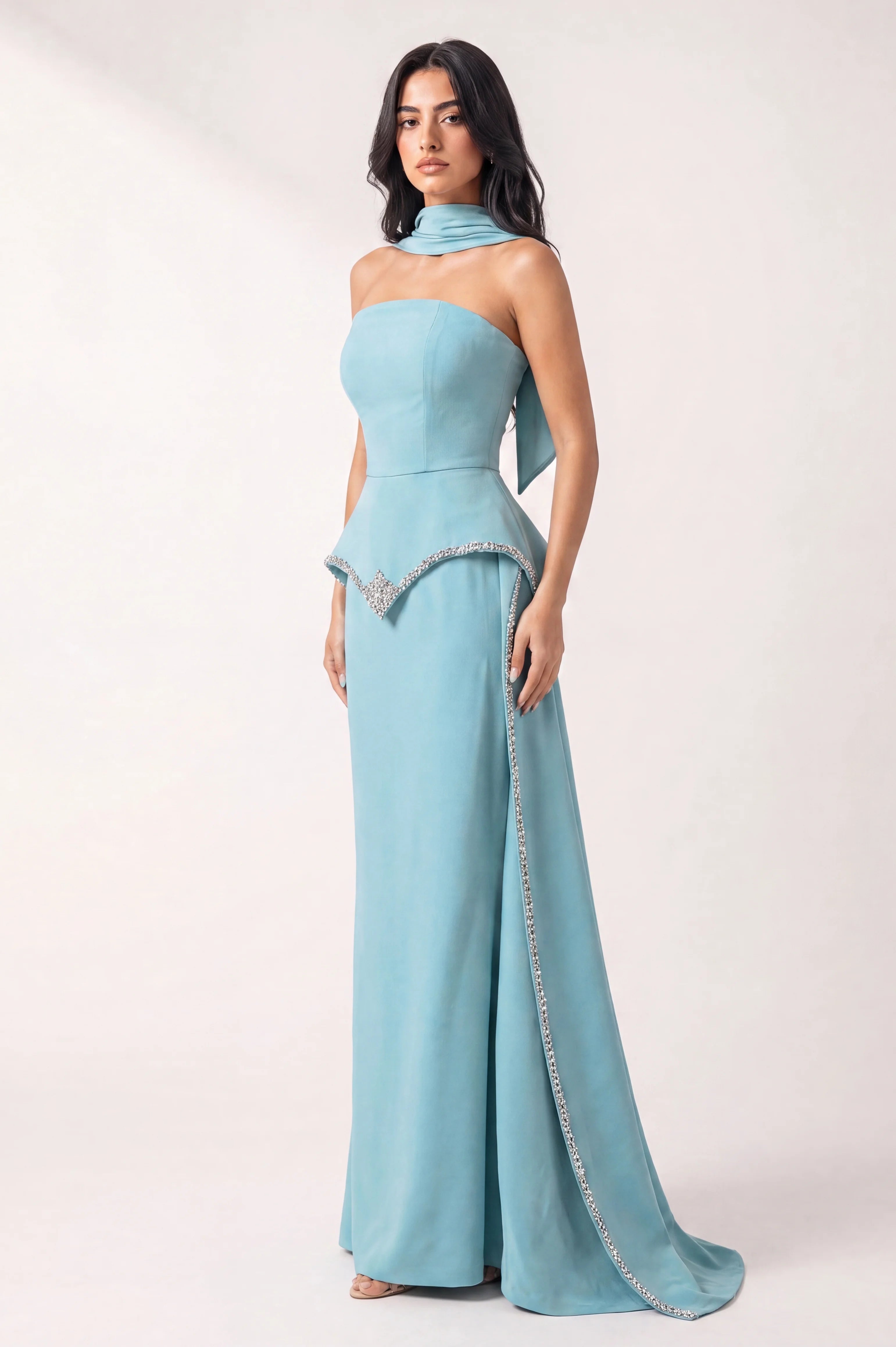 Strapless Embellished Crystal Tail Crepe Dress