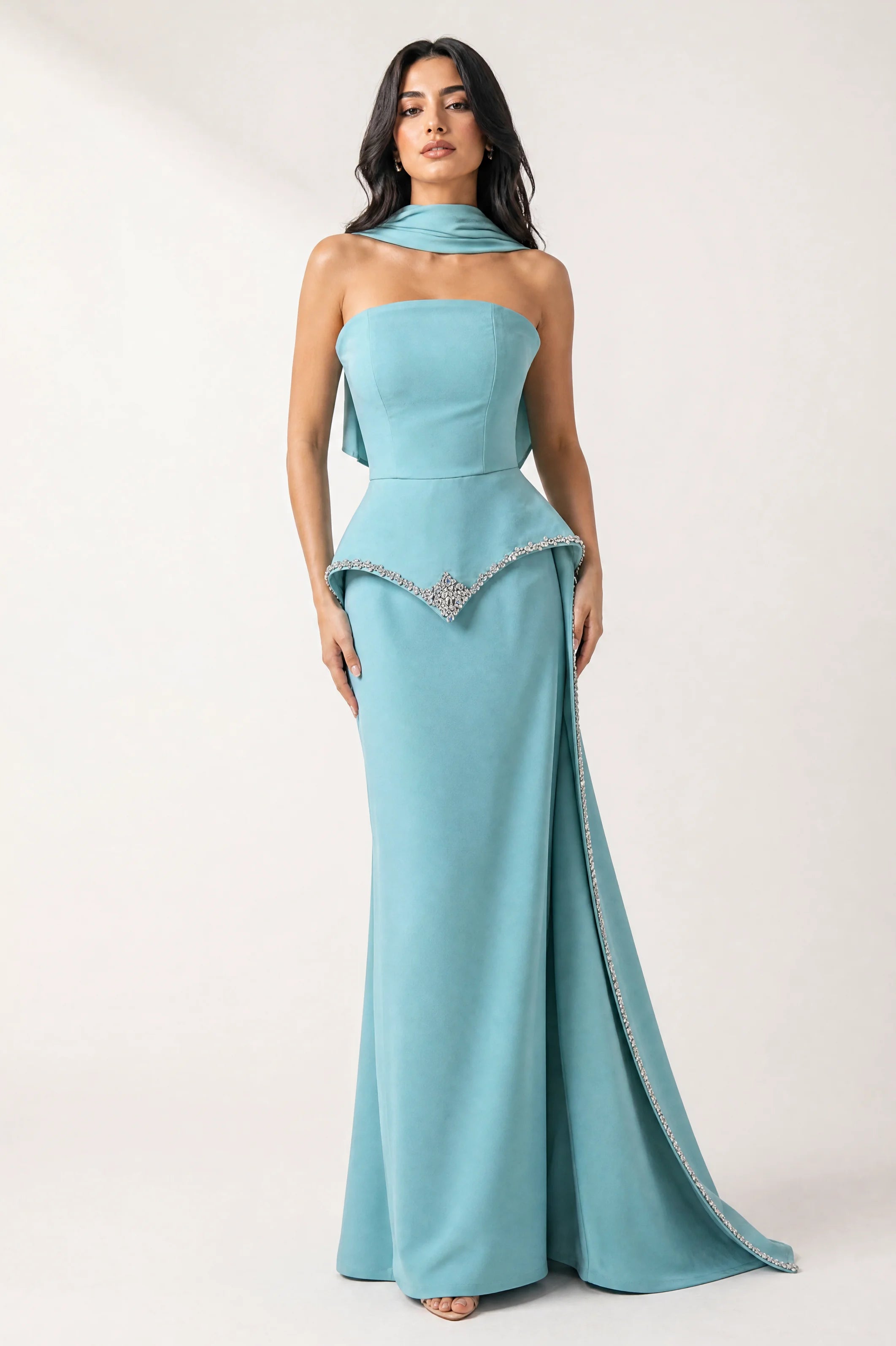 Strapless Embellished Crystal Tail Crepe Dress