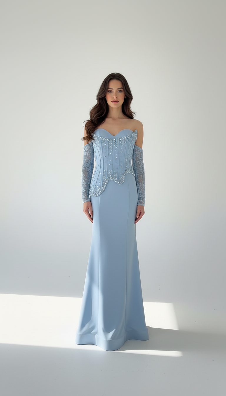 Beaded Bust Corset Satin Dress