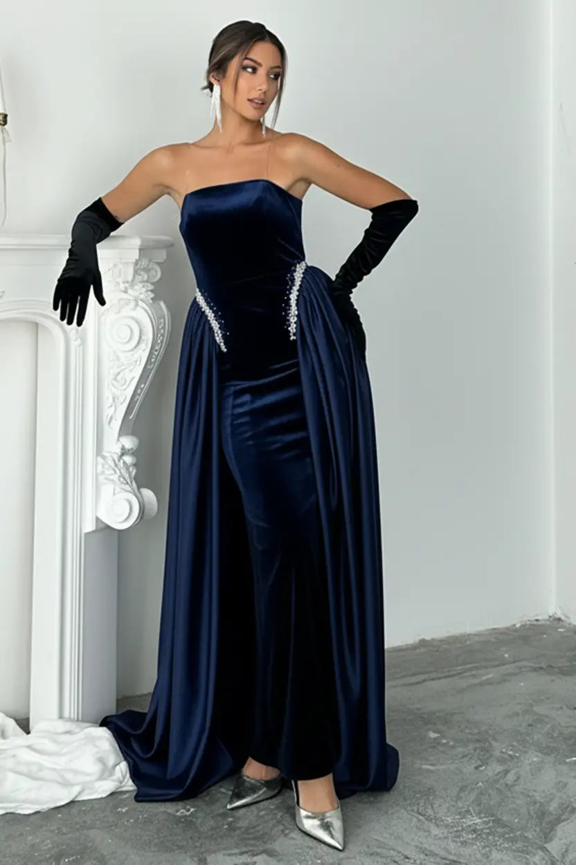 Strapless Pearls Details Velvet Dress