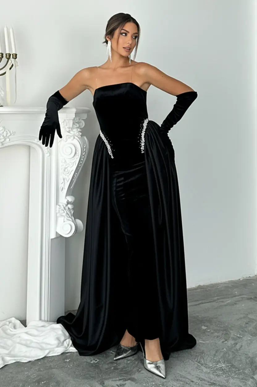 Strapless Pearls Details Velvet Dress