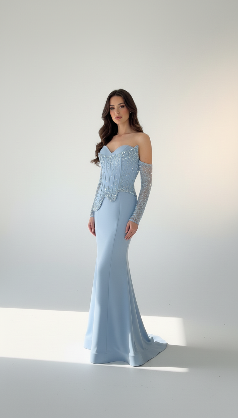 Beaded Bust Corset Satin Dress