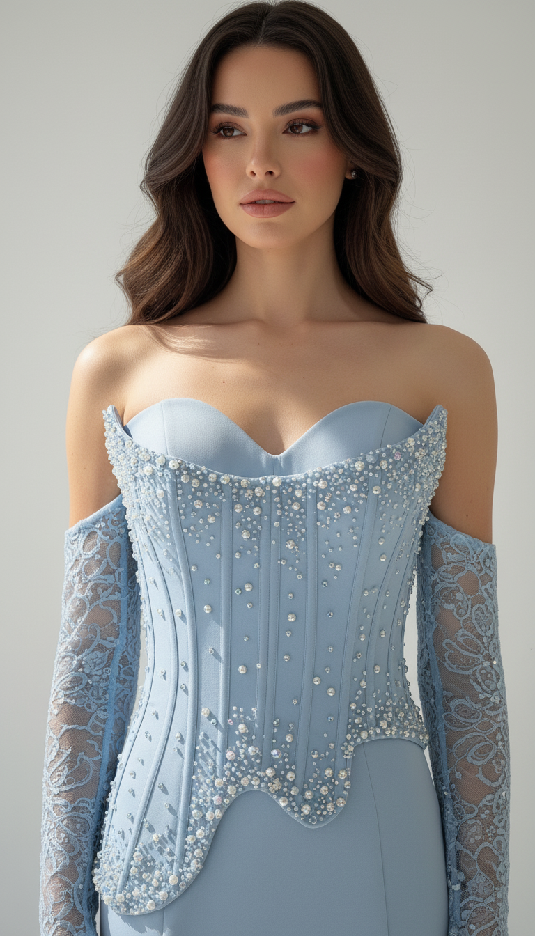 Beaded Bust Corset Satin Dress
