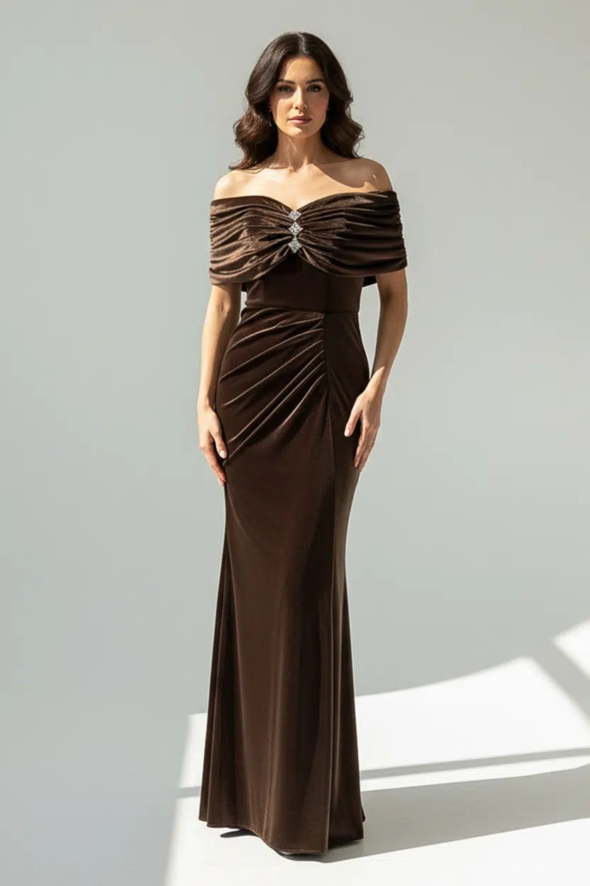 Gathered Off-Shoulder Velvet Dress