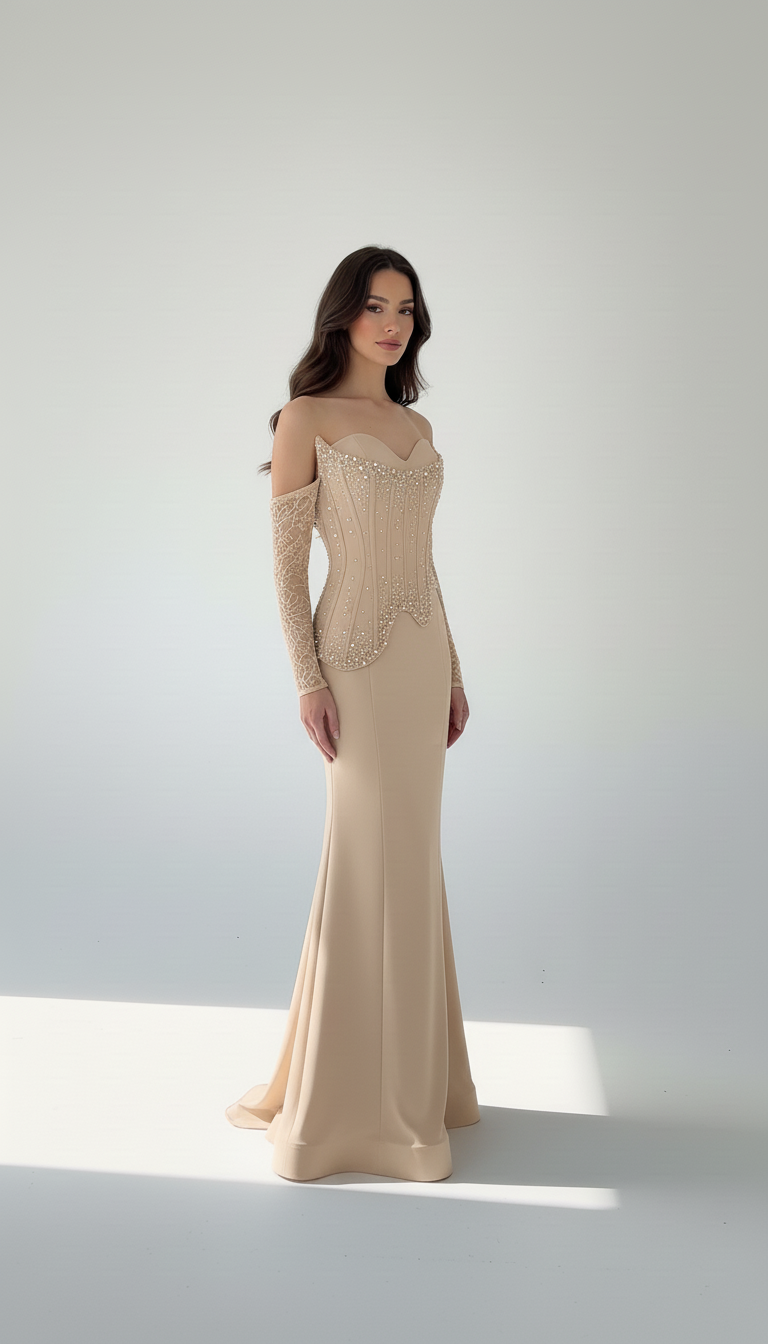 Beaded Bust Corset Satin Dress