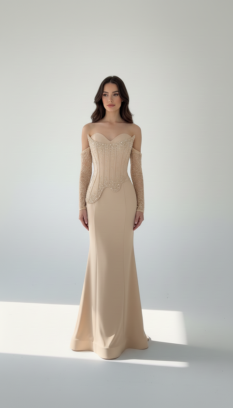 Beaded Bust Corset Satin Dress