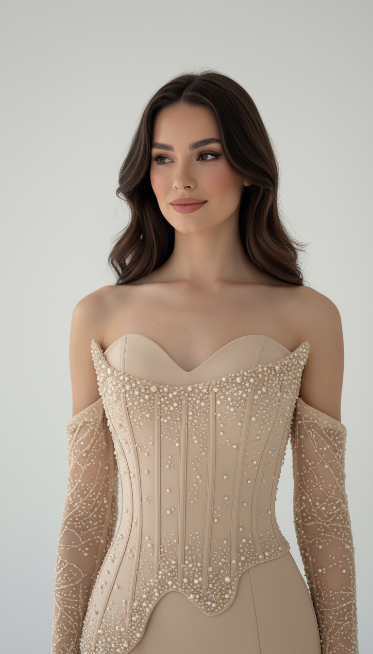 Beaded Bust Corset Satin Dress