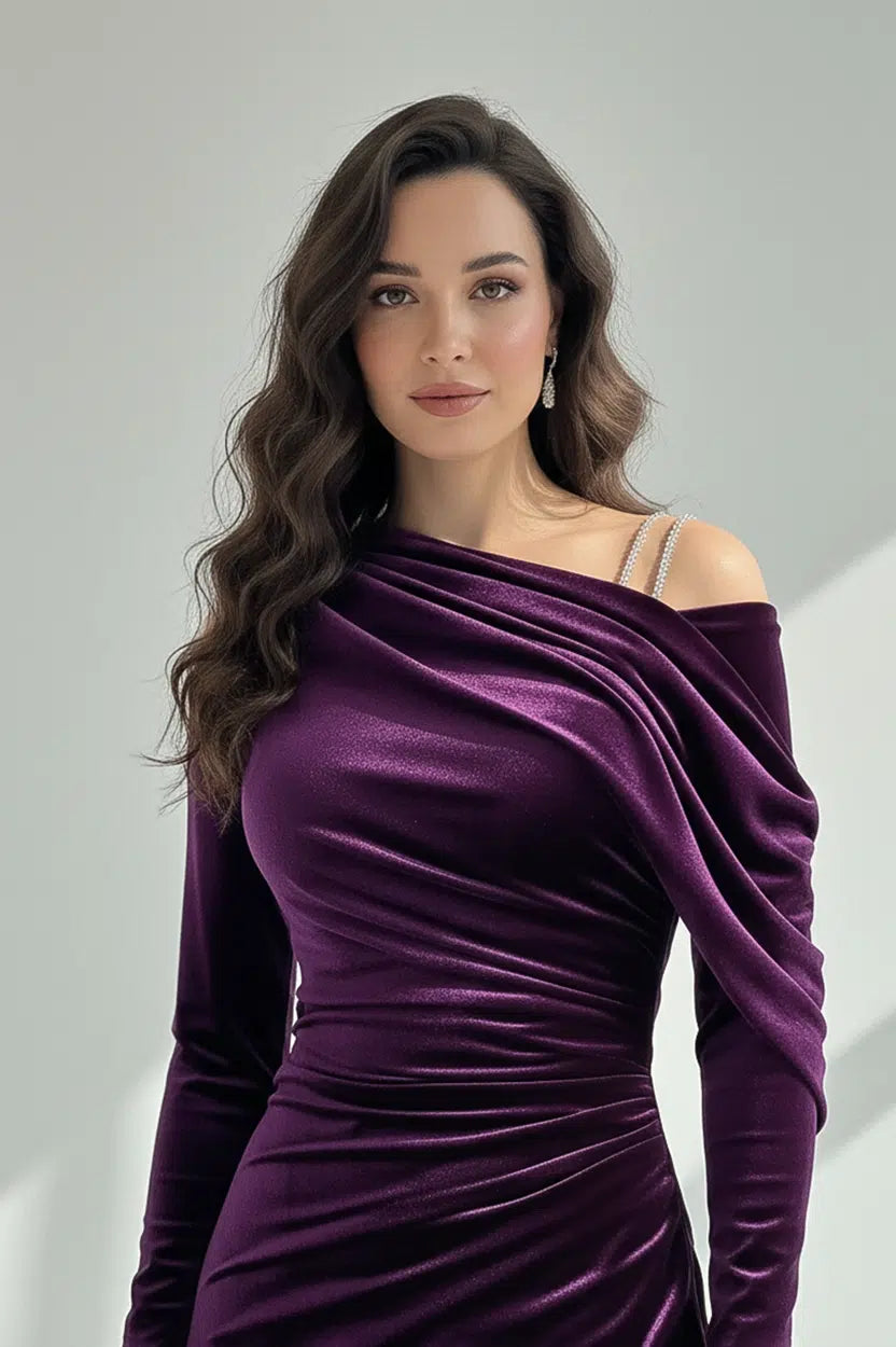 One Shoulder Draped Velvet Dress