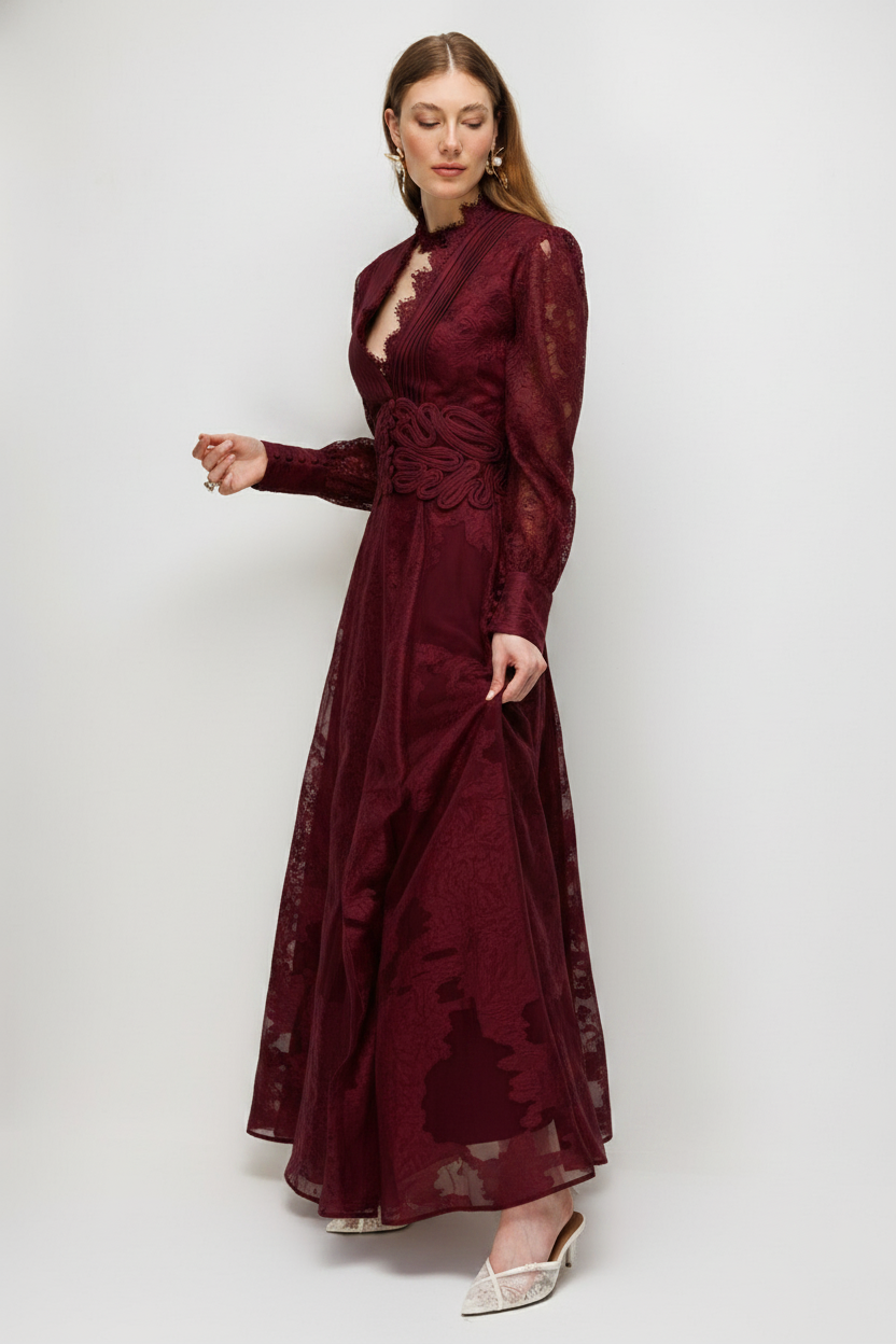 V-Neck Dantel & Brokar Dress
