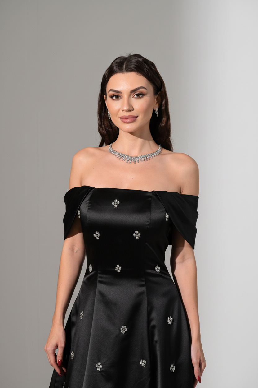 Off Shoulder Embellished A-Line Dress