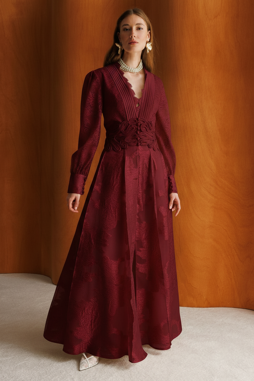 V-Neck Dantel & Brokar Dress
