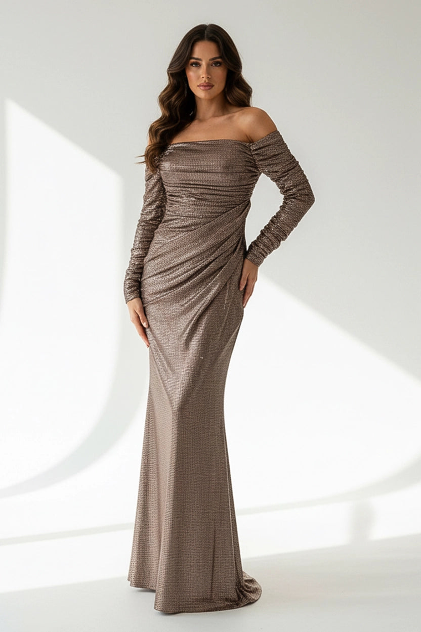 Pleated Off Shoulder Lame Dress