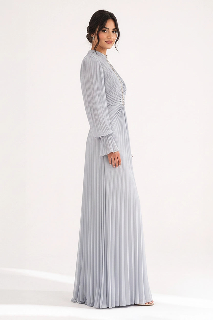 Beaded Bustling Plisse Chiffon Dress