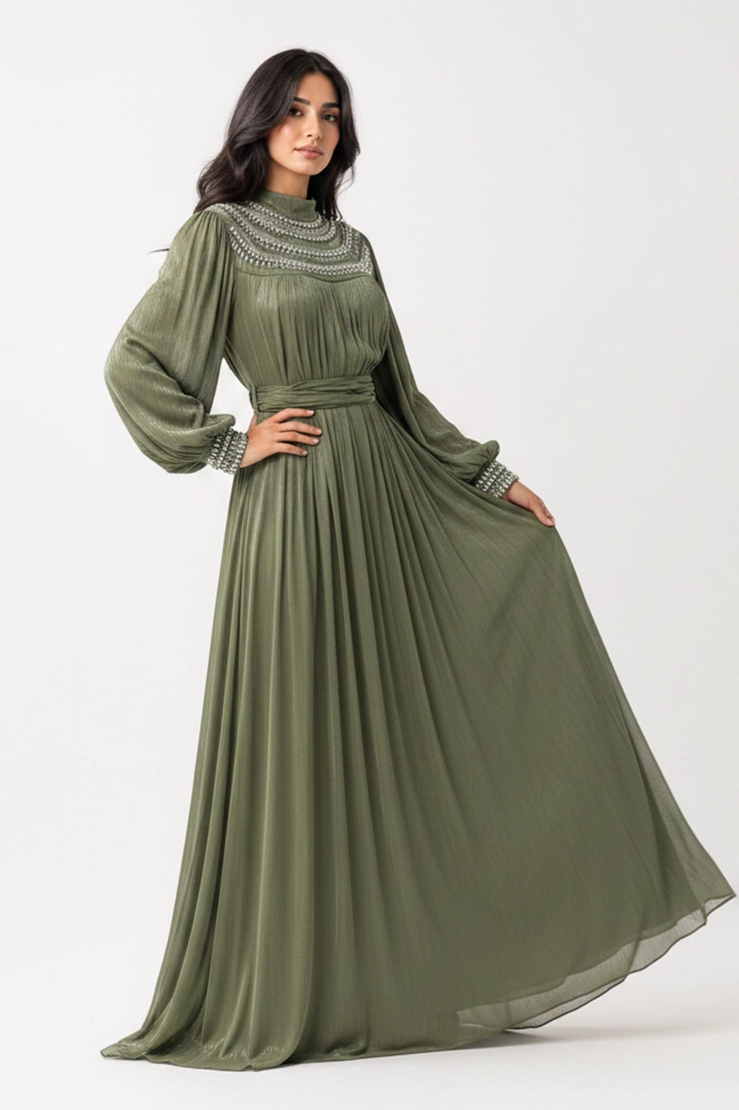 Embellished Round Neck Organza Jalabiya
