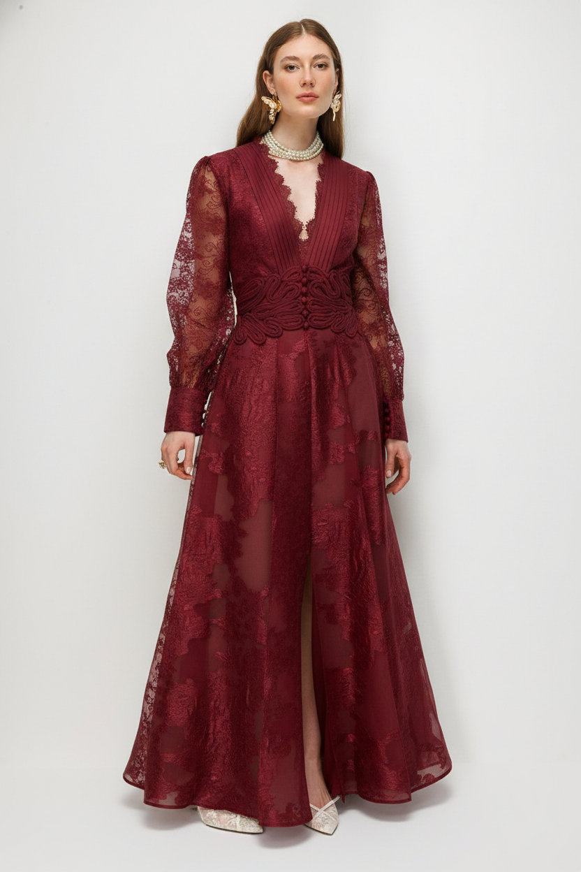 V-Neck Dantel & Brokar Dress