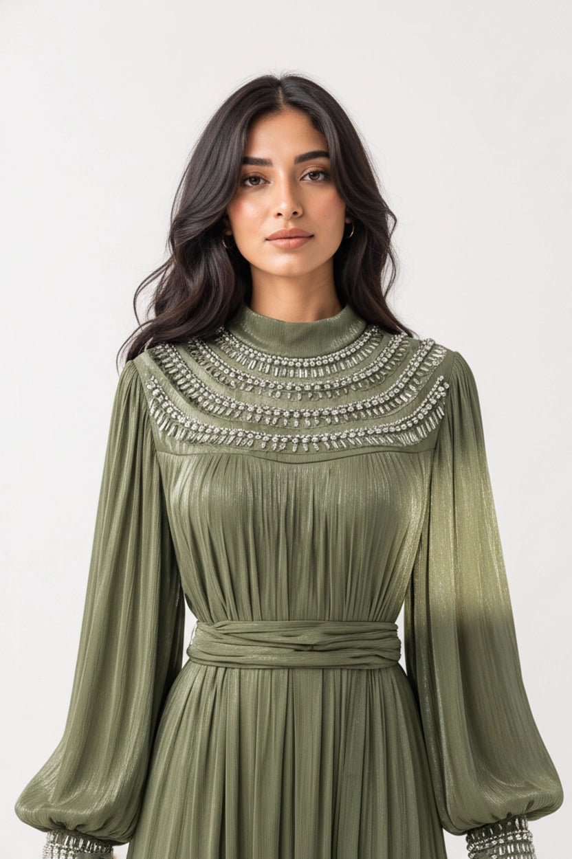Embellished Round Neck Organza Jalabiya