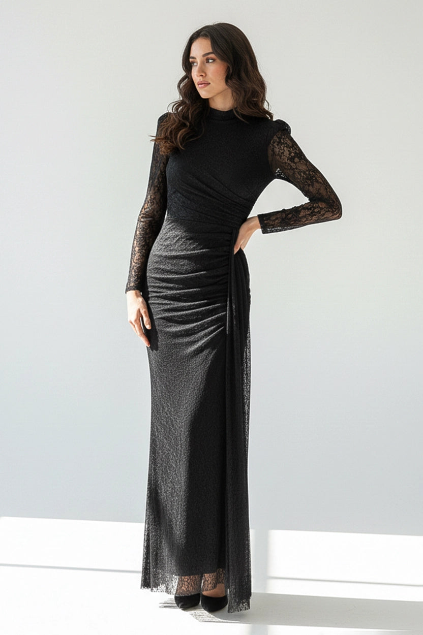 High Neck Draped Side Tail Dantel Dress