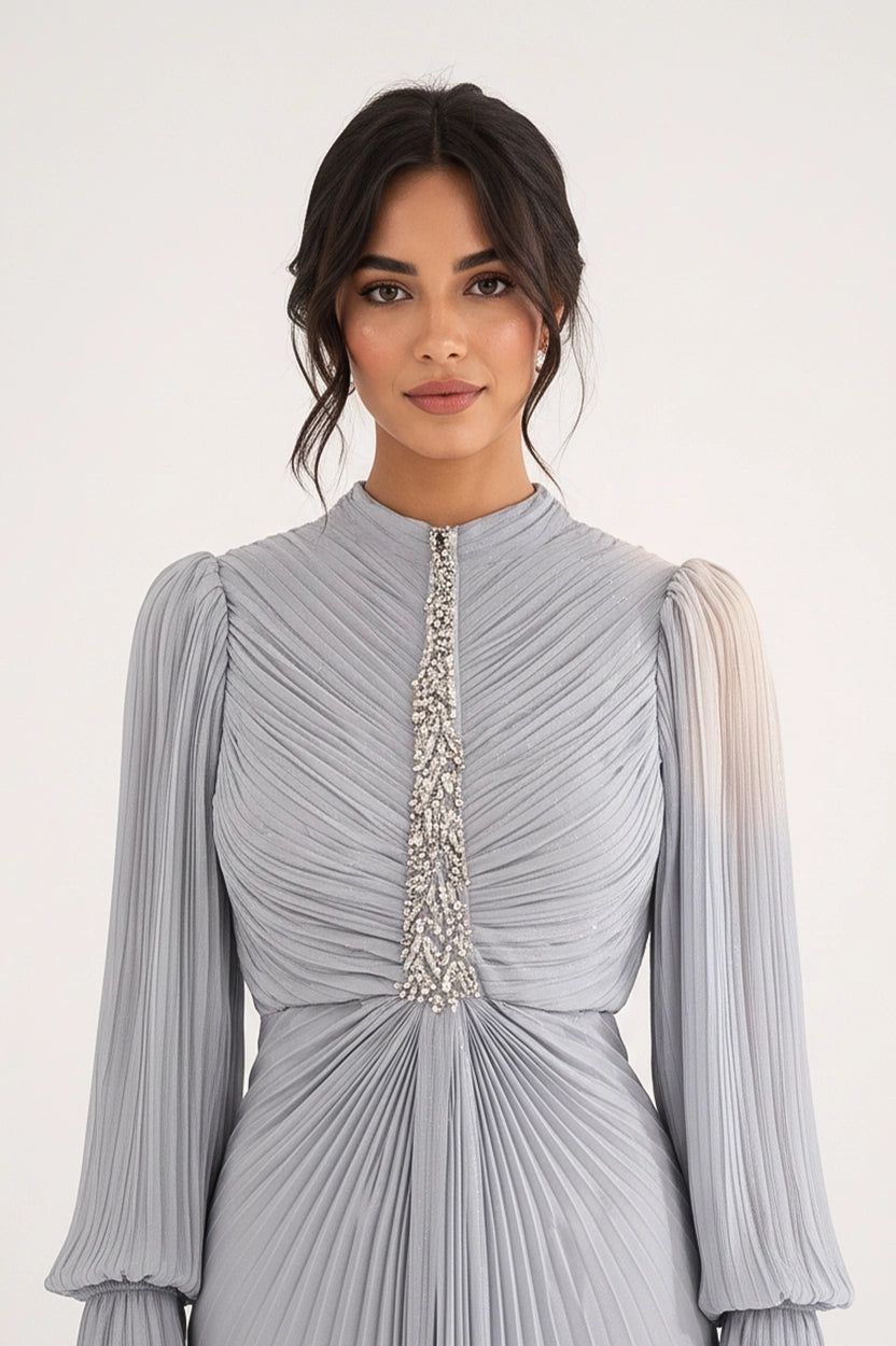 Beaded Bustling Plisse Chiffon Dress
