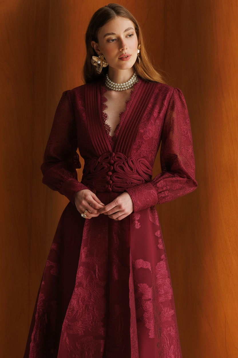 V-Neck Dantel & Brokar Dress