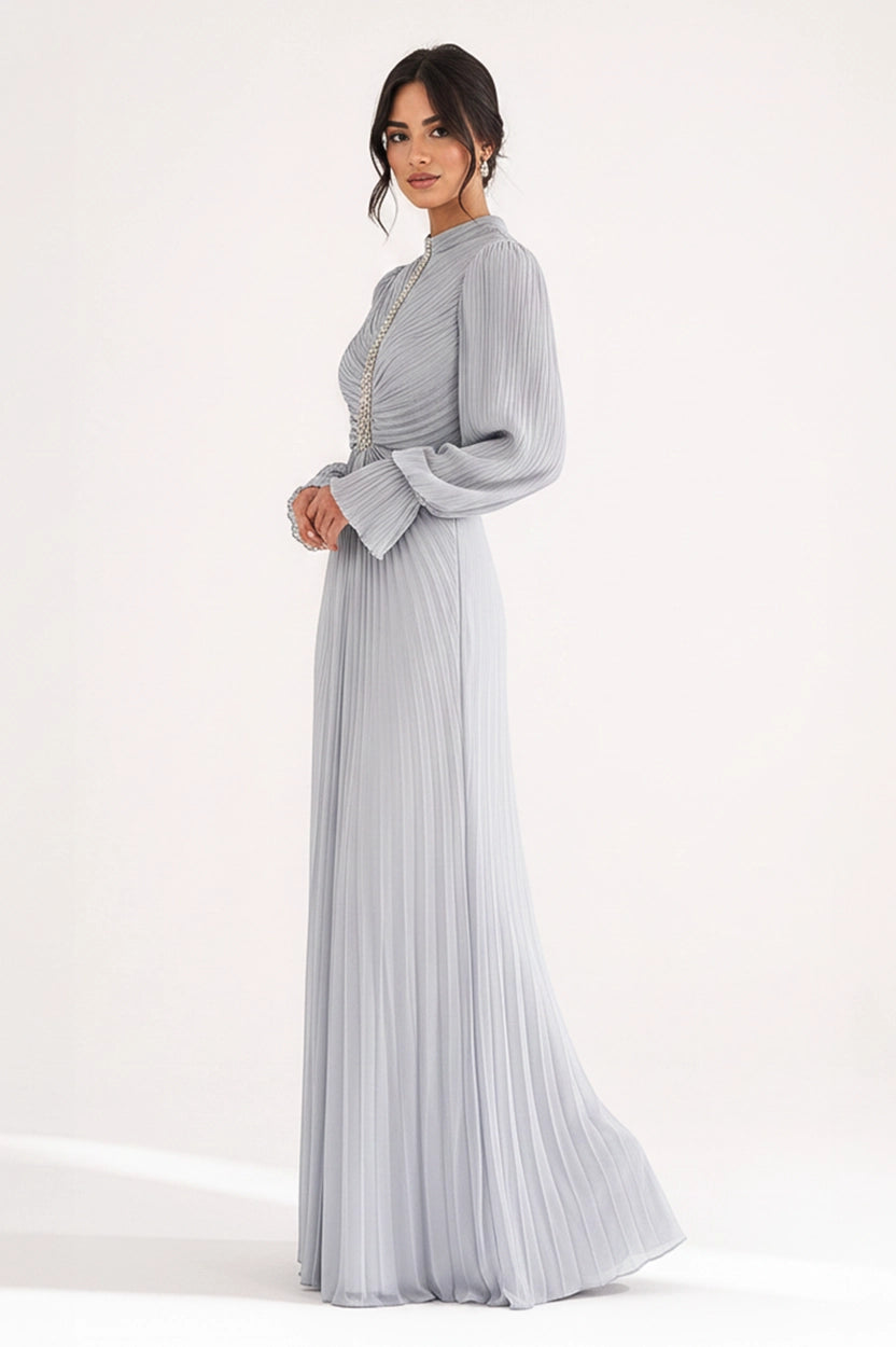 Beaded Bustling Plisse Chiffon Dress