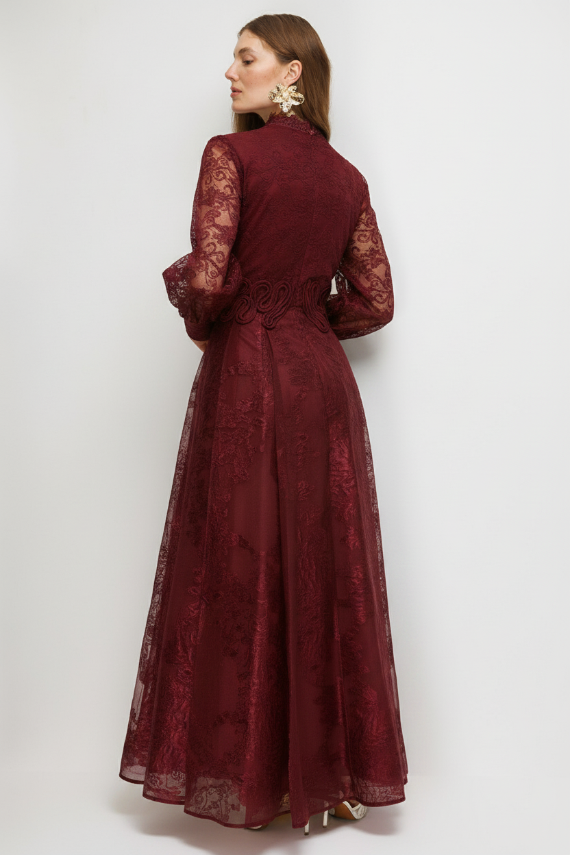 V-Neck Dantel & Brokar Dress