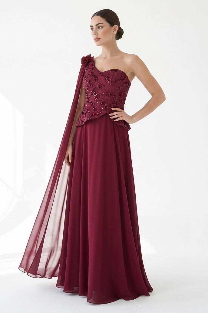 Sequin Dantel Shawl Plisse Chiffon Dress