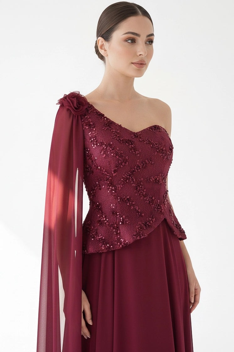 Sequin Dantel Shawl Plisse Chiffon Dress
