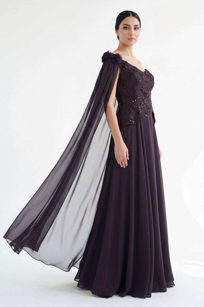 Sequin Dantel Shawl Plisse Chiffon Dress