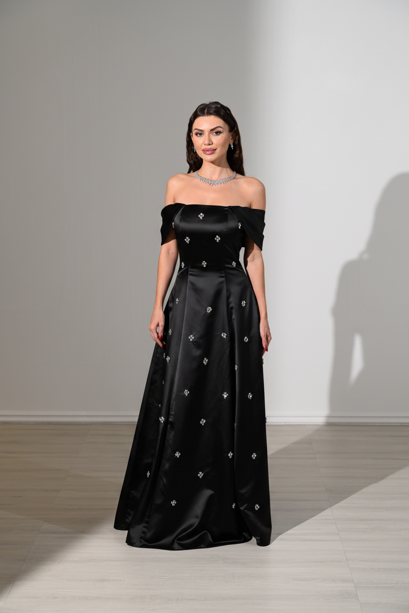 Off Shoulder Embellished A-Line Dress