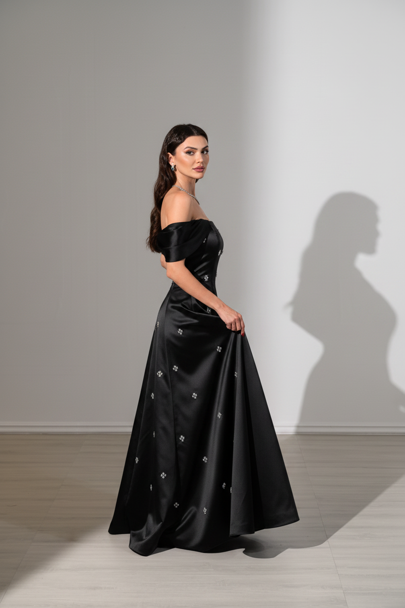 Off Shoulder Embellished A-Line Dress