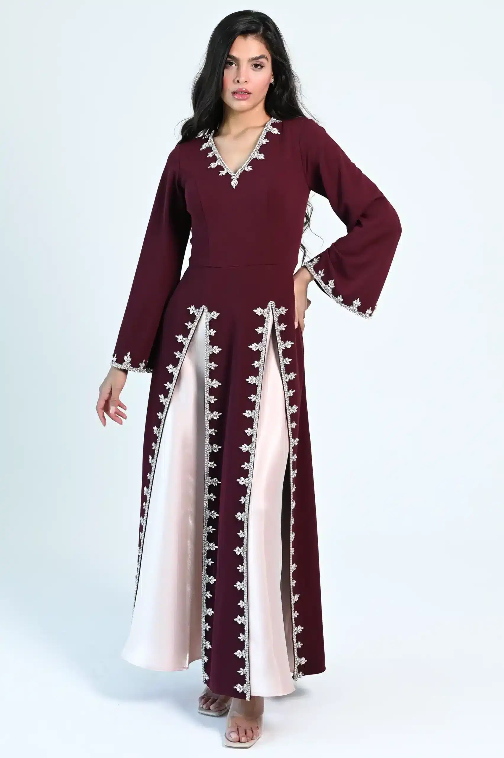 V-Neck 2 Tone Slits Crepe Dress