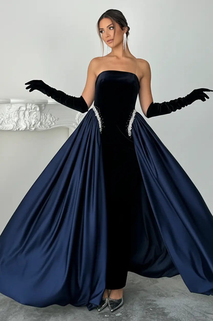 Strapless Pearls Details Velvet Dress