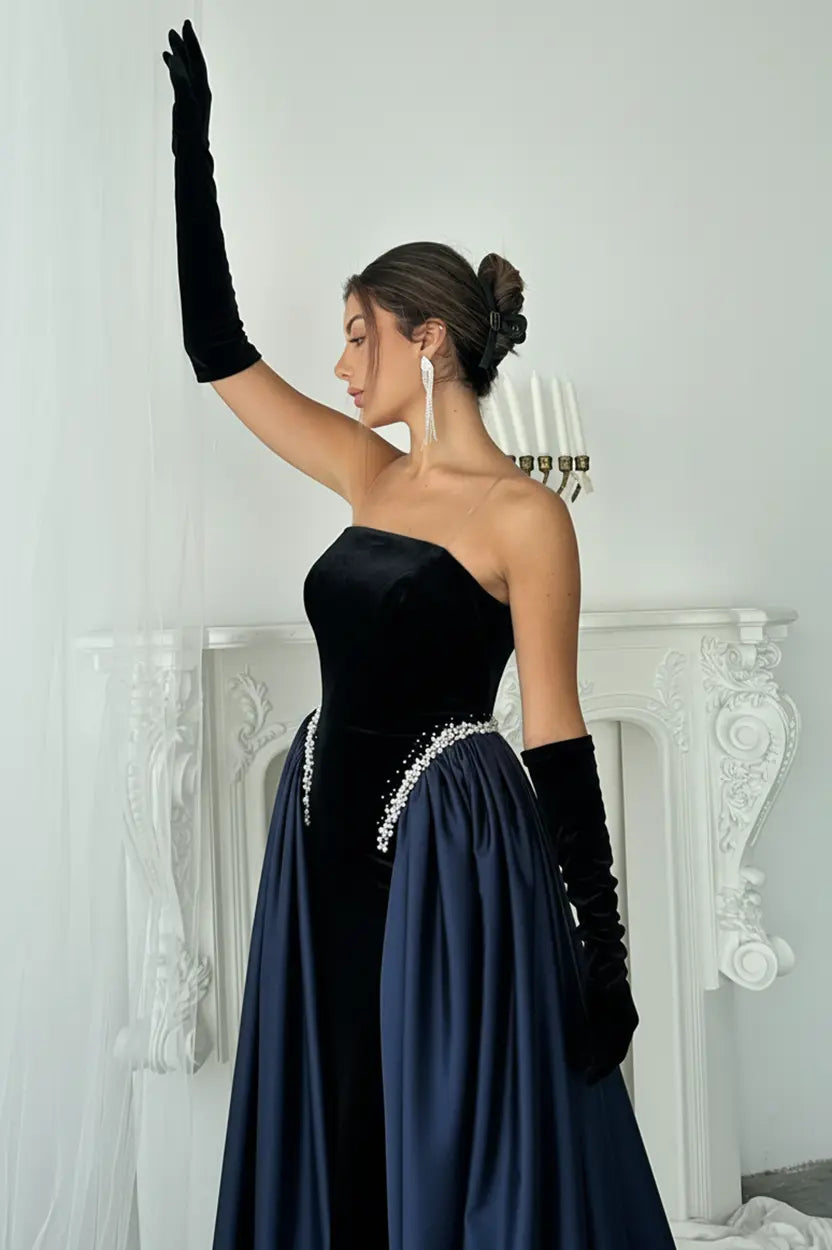 Strapless Pearls Details Velvet Dress