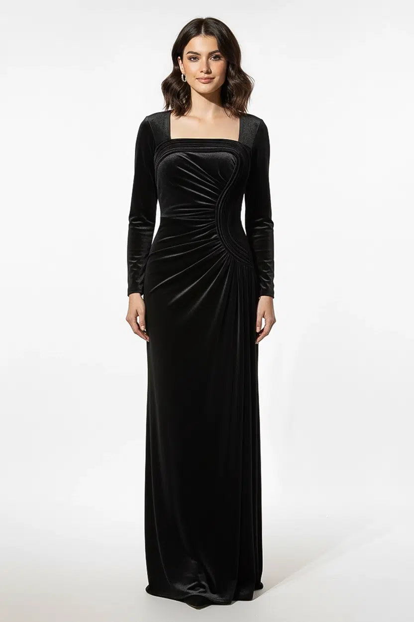 Wavy Bust Square Neck Velvet Dress
