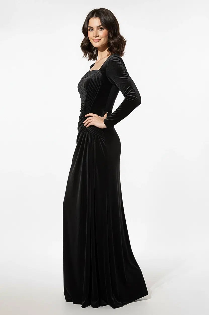 Wavy Bust Square Neck Velvet Dress