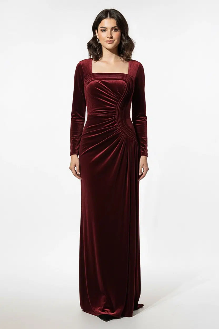Wavy Bust Square Neck Velvet Dress