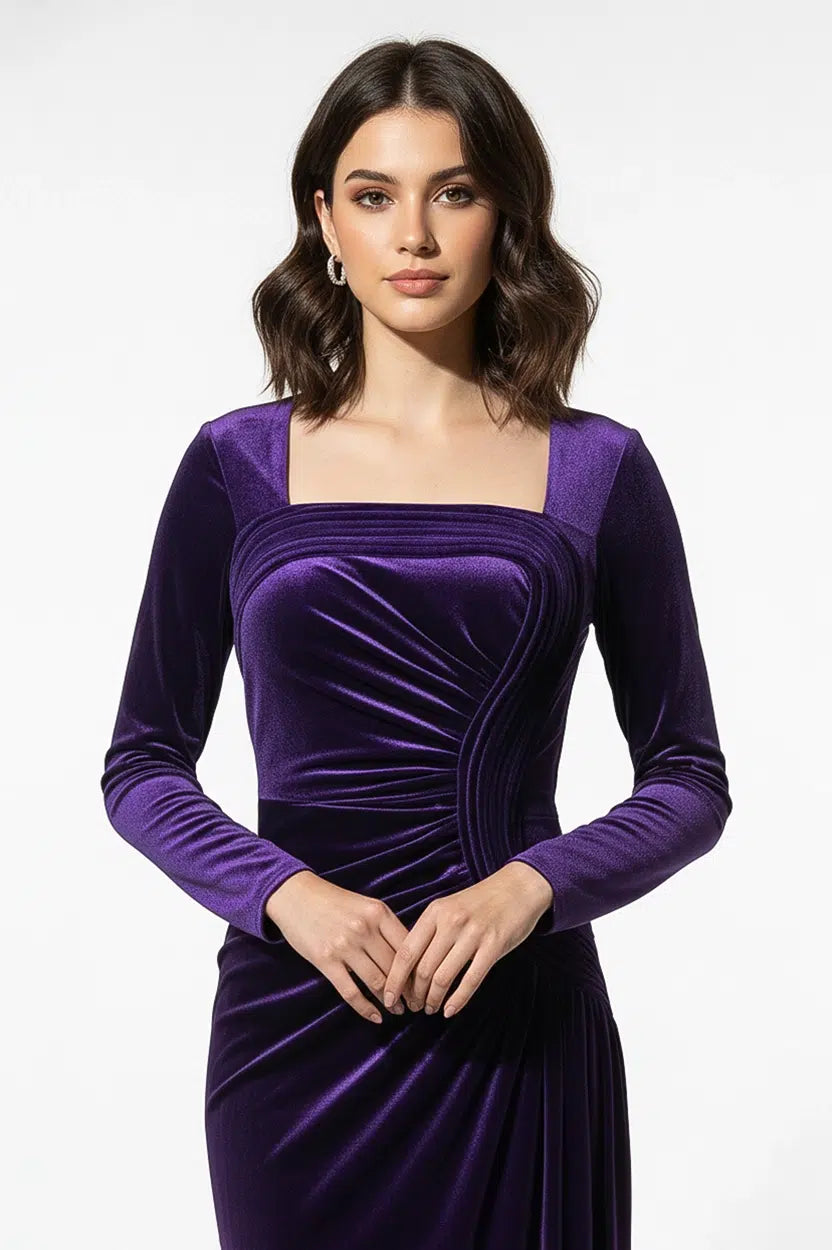 Wavy Bust Square Neck Velvet Dress
