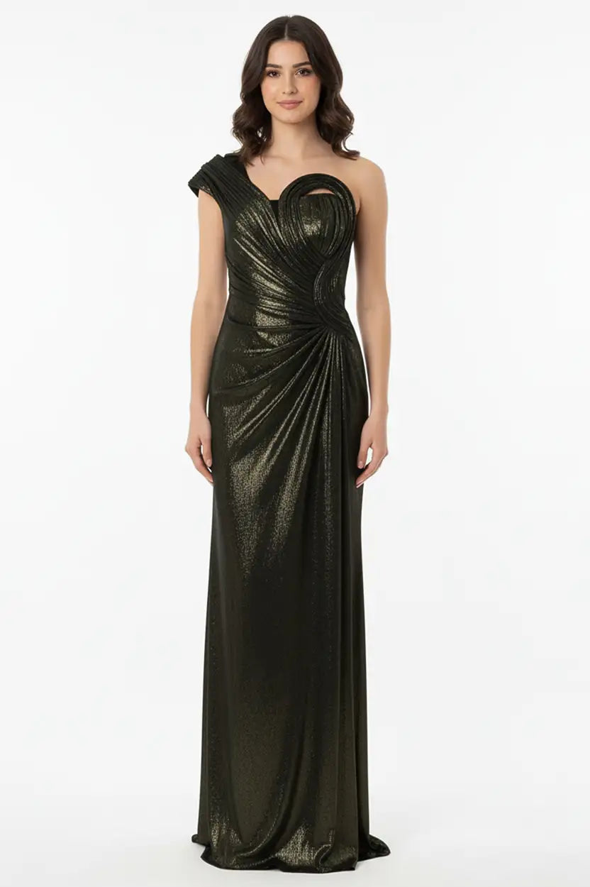 Wavy One-Shoulder Jersey Lame Dress