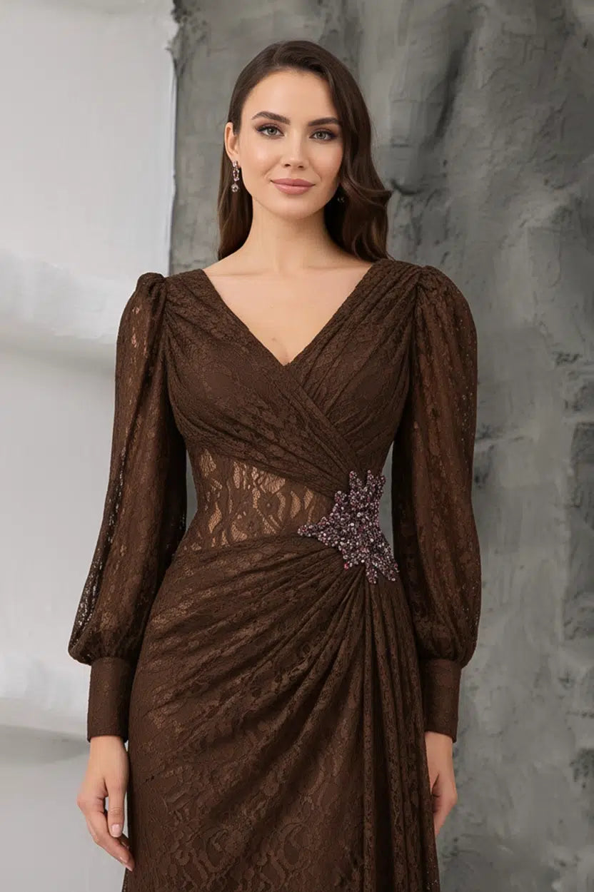 Wrap Neck Beaded Dantel Dress