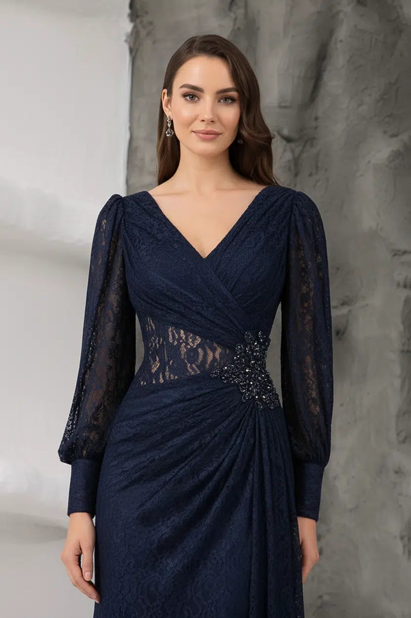 Wrap Neck Beaded Dantel Dress